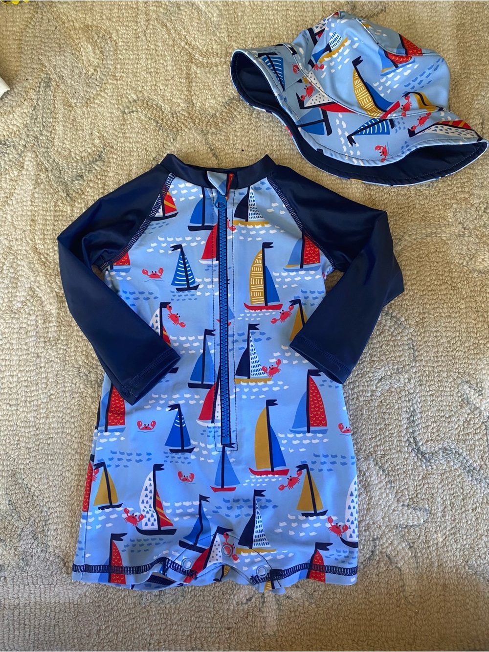 Andy & Evan Navy & Light Blue Sailboat Rash Guard Swimsuit with Sun Hat